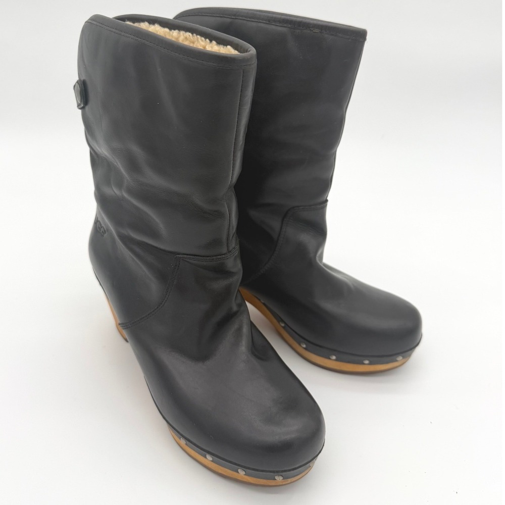 UGG Lynnea‎ Clog Boots Women Size 6 Black Leather Shearling Lined Wood Heel 1958